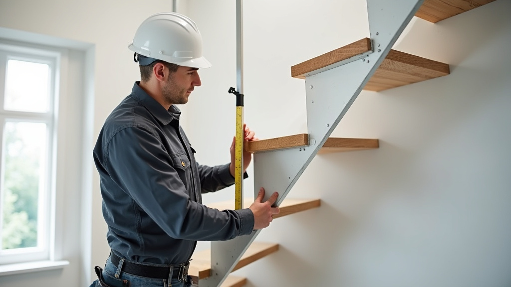 Technicien en train de mesurer un escalier pour une installation de monte-escalier à Colombier-Saugnieu