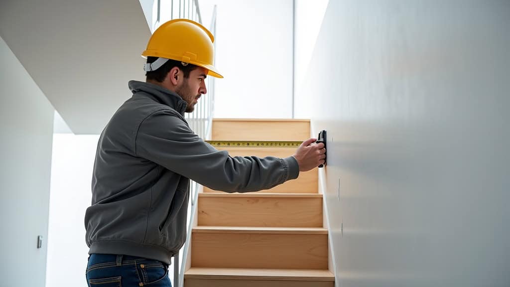 Technicien en train de mesurer un escalier pour une installation de monte-escalier à Vandœuvre-lès-Nancy