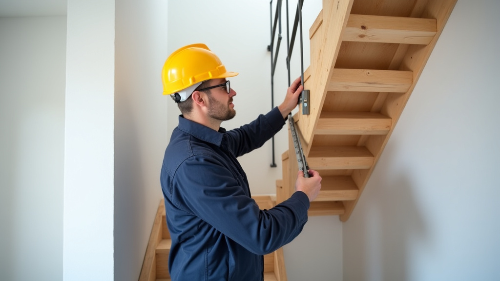 Technicien en train de mesurer un escalier pour une installation de monte-escalier à Vauhallan