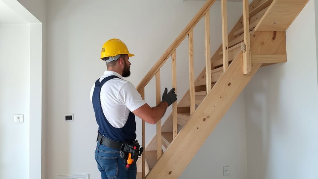 Technicien en train de mesurer un escalier pour une installation sur mesure à Péronne-en-Mélantois