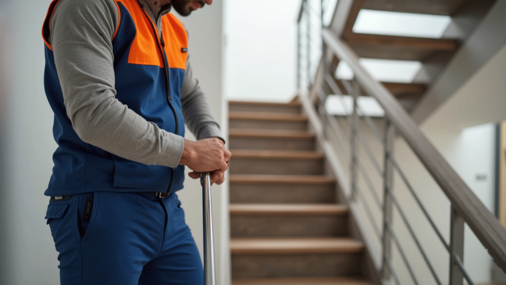 Technicien en train de mesurer un escalier tournant à Beauvais pour un devis personnalisé