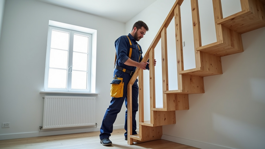 Technicien en train de mesurer un escalier tournant à Gosné pour une installation sur mesure
