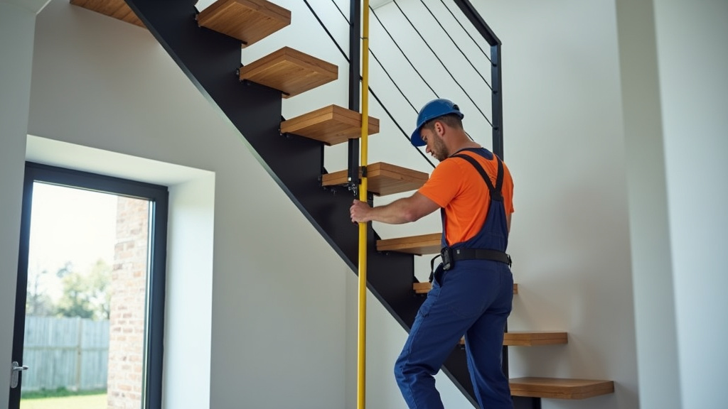 Technicien en train de mesurer un escalier tournant pour installation à Coulombs
