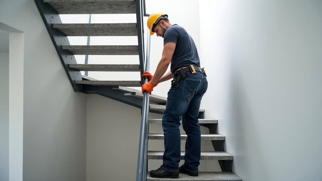 Technicien en train de mesurer un escalier tournant pour installation d’un monte escalier à Asson