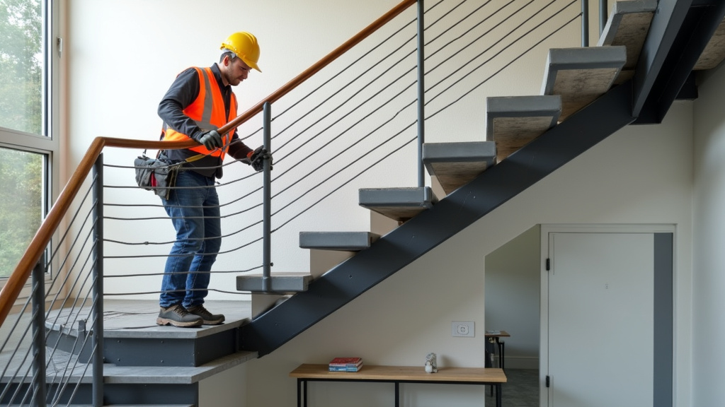 Technicien en train de monter un monte-escalier tournant avec rail sur un escalier en colimaçon à Marlenheim
