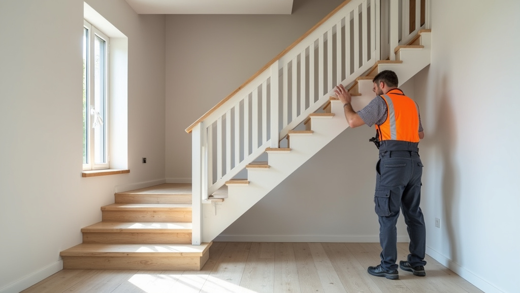 Technicien en train de poser un monte-escalier dans une maison à Hadol