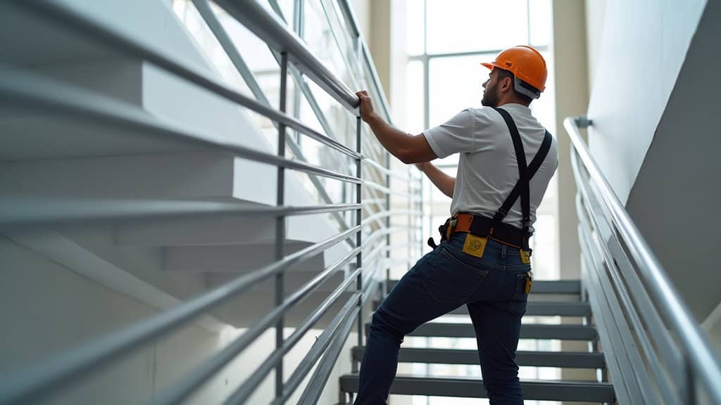 Technicien en train de poser un rail courbe pour un monte-escalier tournant à Longueville