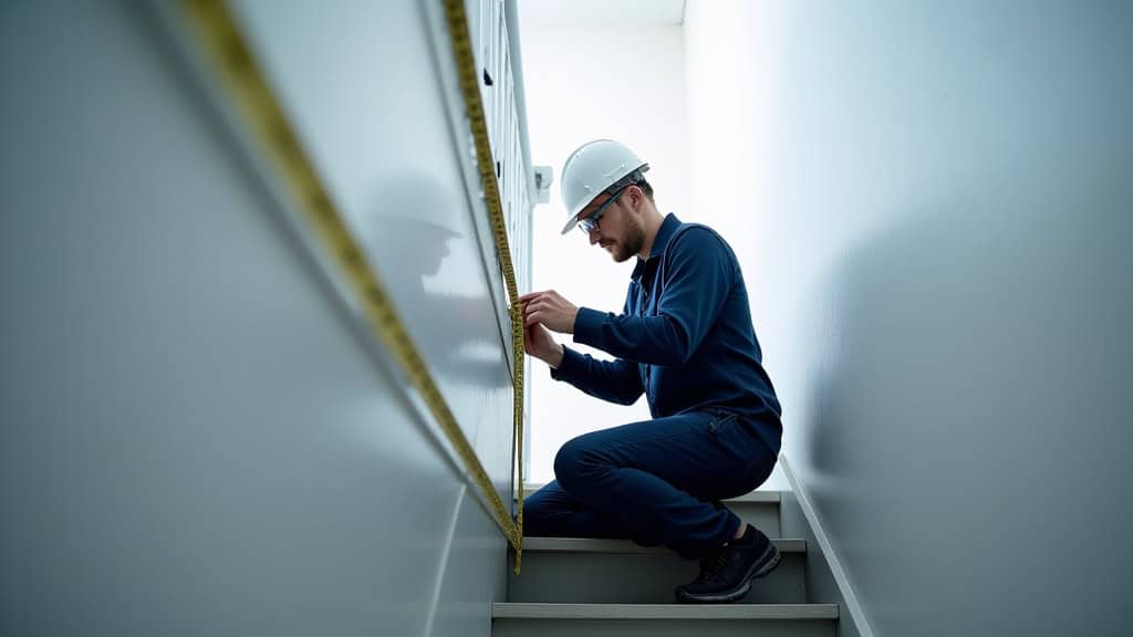 Technicien en train de prendre des mesures précises sur un escalier à Coëtmieux
