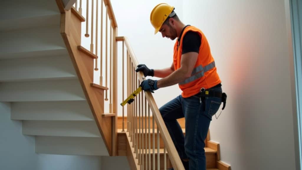 Technicien en train de prendre des mesures sur un escalier tournant à Bresse Vallons pour un devis de monte-escalier