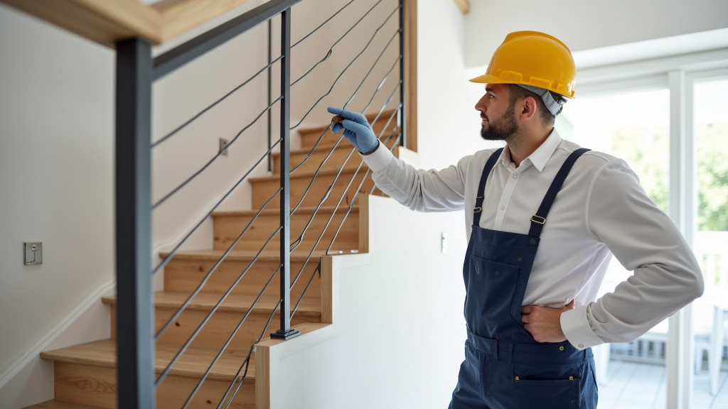 Technicien en train de prendre les mesures d’un escalier courbe pour installation d’un monte-escalier à Anjou