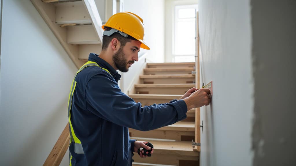 Technicien en train de prendre les mesures d’un escalier lors d’un devis à Droué
