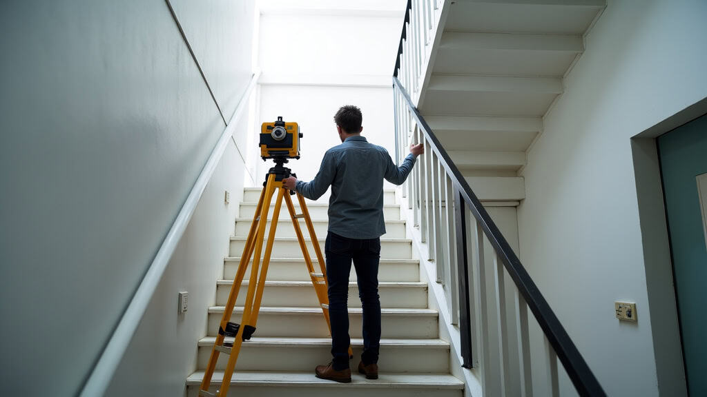Technicien en train de prendre les mesures pour un devis de monte-escalier à Saint-Gervais-les-Bains
