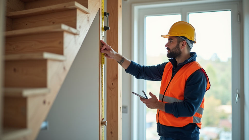 Technicien en train de prendre les mesures pour un monte-escalier à Arbois