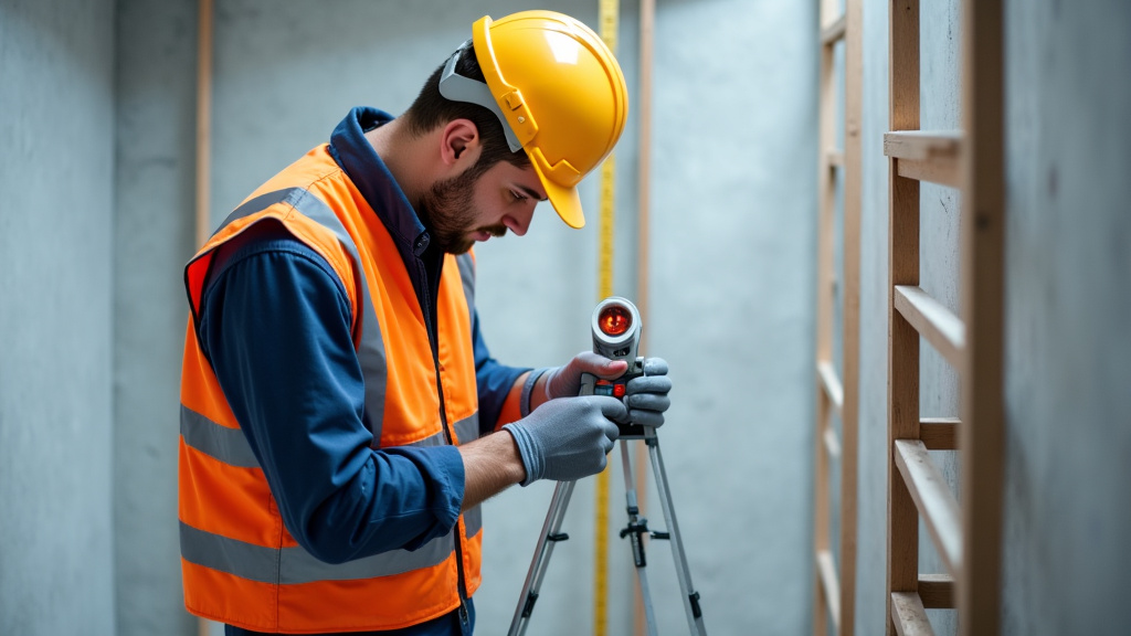 Technicien en train de prendre les mesures pour un monte-escalier à Saint-Sernin