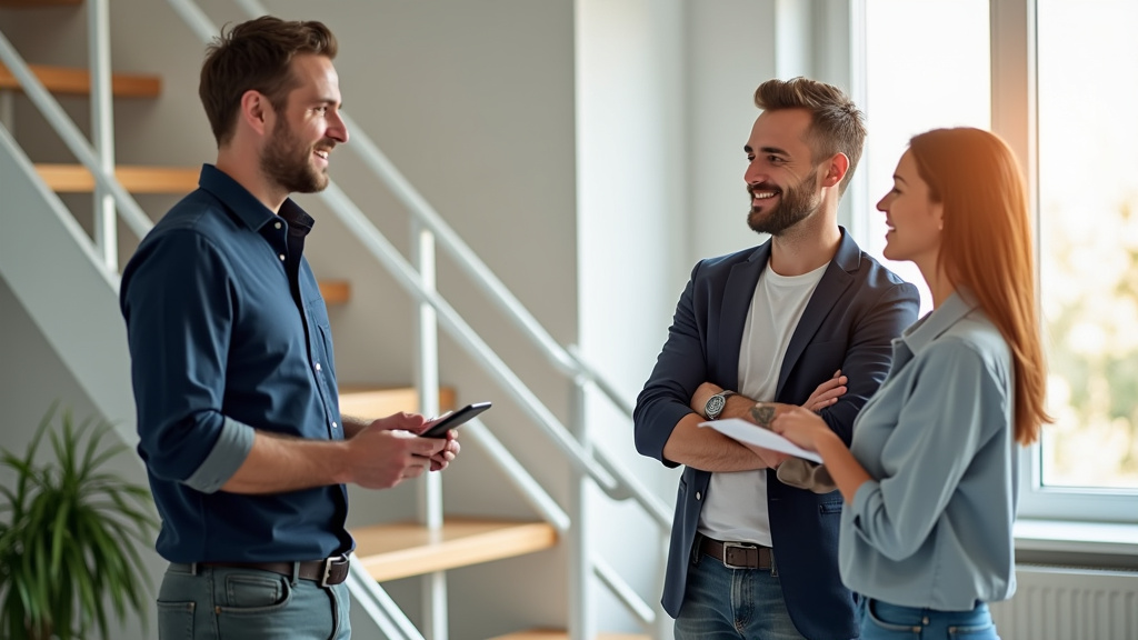 Technicien en train de présenter un devis pour un monte-escalier à un couple à La Cadière-d