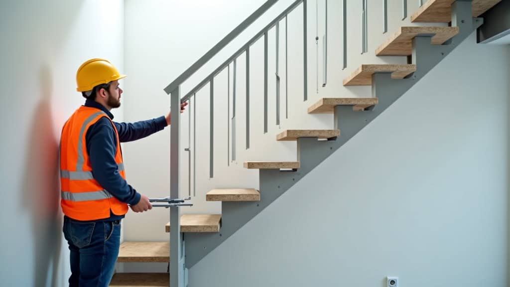 Technicien en train de réaliser une étude technique pour un monte-escalier à Chomérac