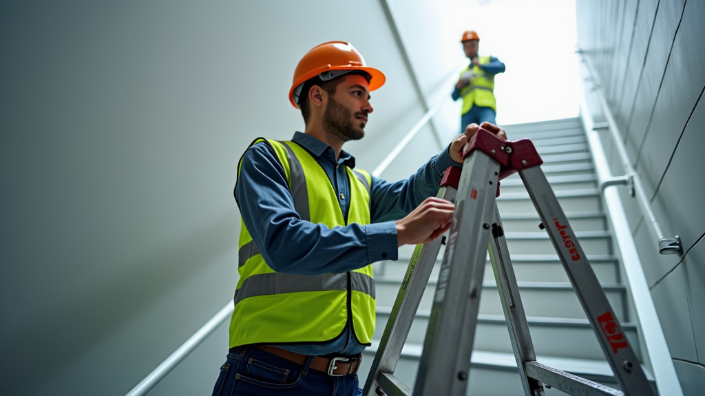 Technicien en train de vérifier un monte-escalier à Boeschepe