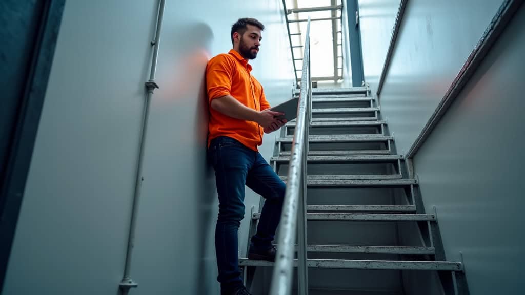 Technicien en train de vérifier un monte-escalier installé à Lewarde