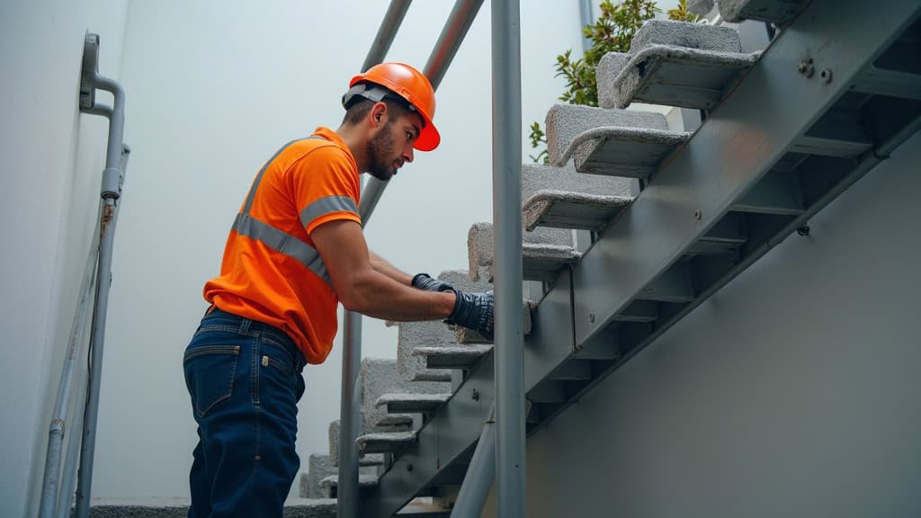 Technicien en train d’effectuer l’entretien d’un monte-escalier à Mirabel-aux-Baronnies