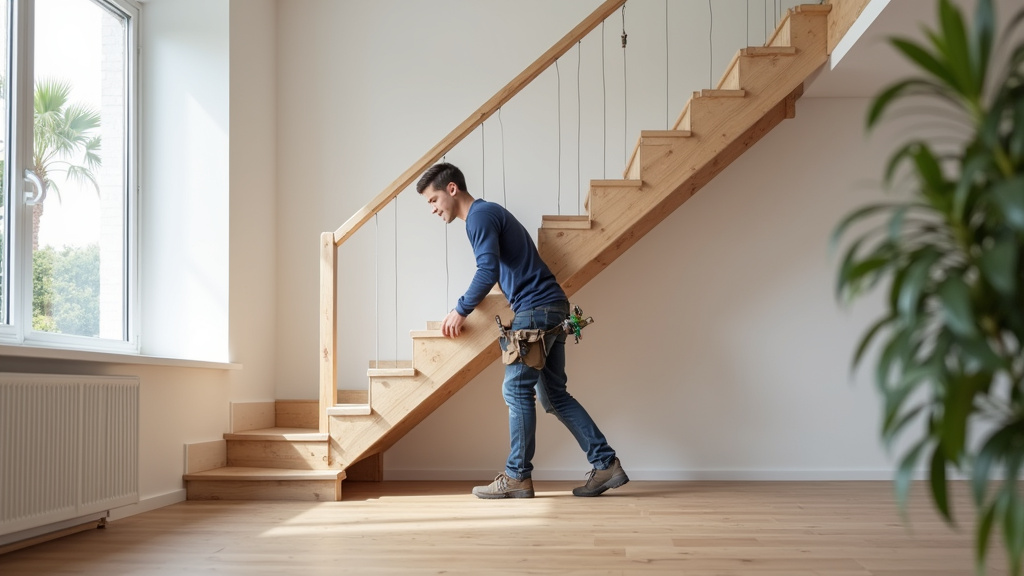 Technicien en train d’entretenir un monte-escalier dans une maison de Sizun
