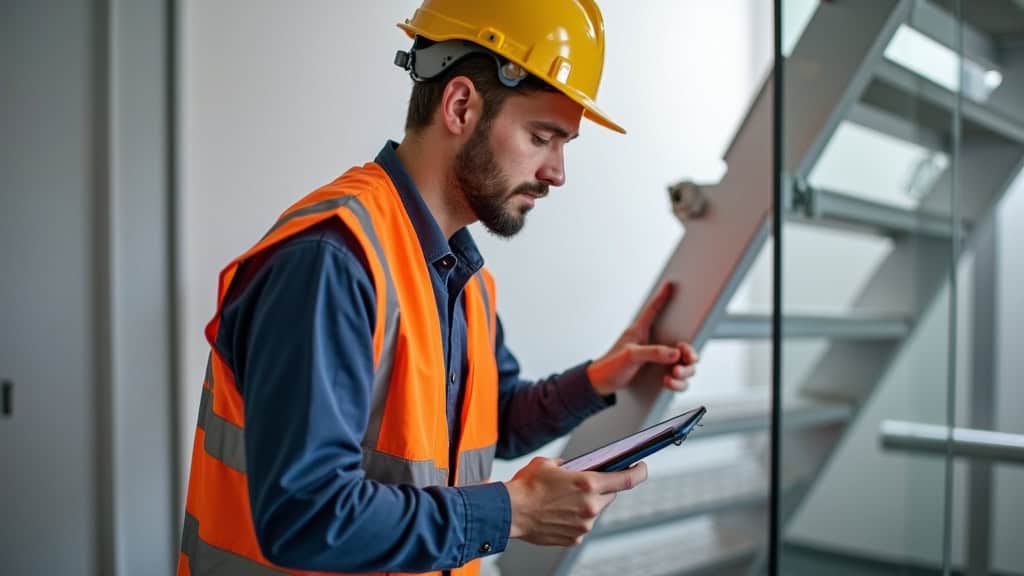 Technicien en train d’étudier un escalier pour l’installation d’un monte-escalier à Neuf-Berquin