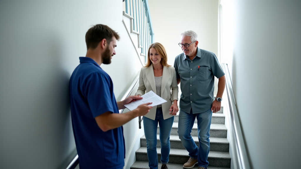 Technicien en train d’expliquer un monte-escalier à un couple âgé