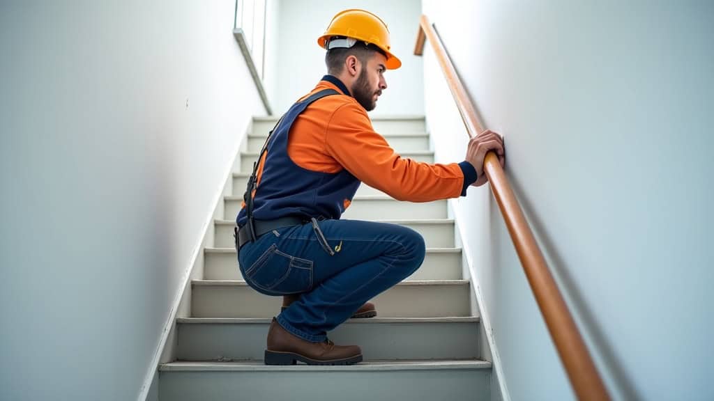 Technicien en train d’inspecter un escalier à Plouvara pour une installation de monte-escalier