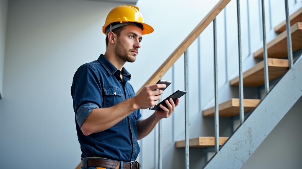 Technicien en train d’inspecter un monte-escalier en cours d’installation à Croissy-Beaubourg