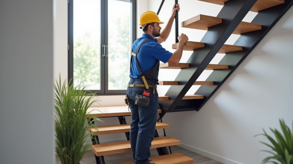 Technicien en train d’installer un monte-escalier à Brécé