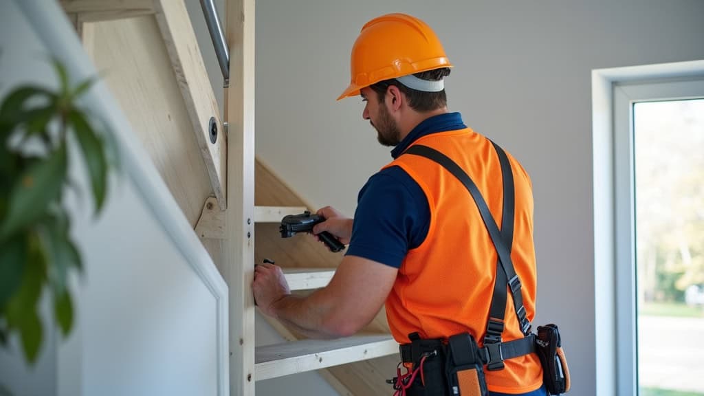 Technicien en train d’installer un monte-escalier à Couilly-Pont-aux-Dames