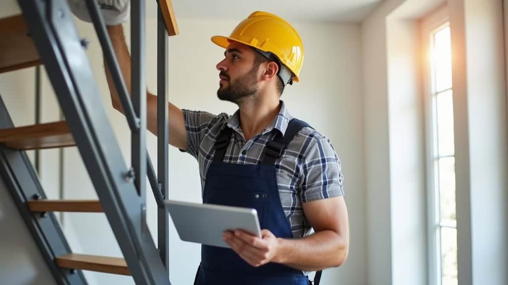 Technicien en train d’installer un monte-escalier à Exideuil-sur-Vienne