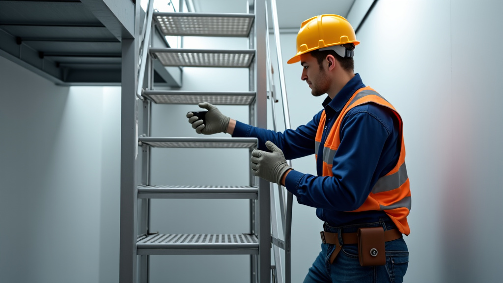 Technicien en train d’installer un monte-escalier à Ferrières-Haut-Clocher