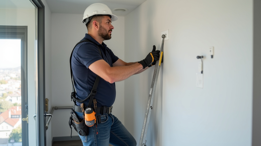 Technicien en train d’installer un monte-escalier à Kermaria-Sulard