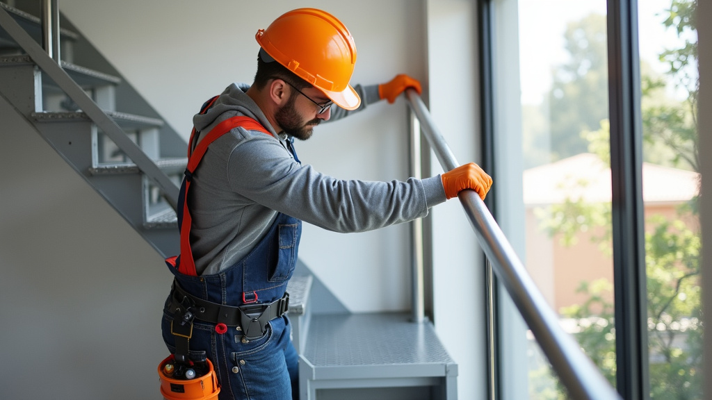 Technicien en train d’installer un monte-escalier à La Mézière