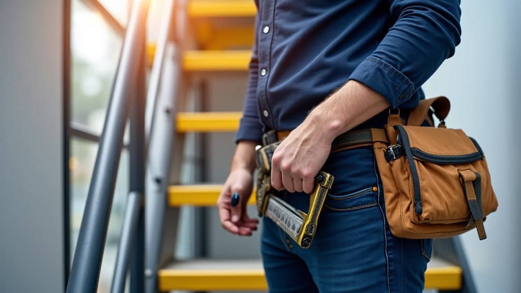 Technicien en train d’installer un monte-escalier à Laveyron avec outils de mesure et rail sur mesure