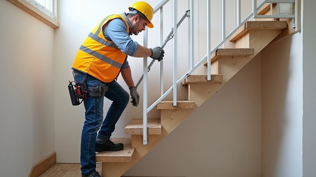Technicien en train d’installer un monte-escalier à Lempdes-sur-Allagnon