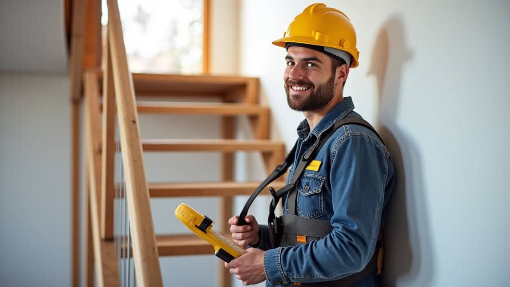 Technicien en train d’installer un monte-escalier à Lisieux, entouré d’outils et de matériel