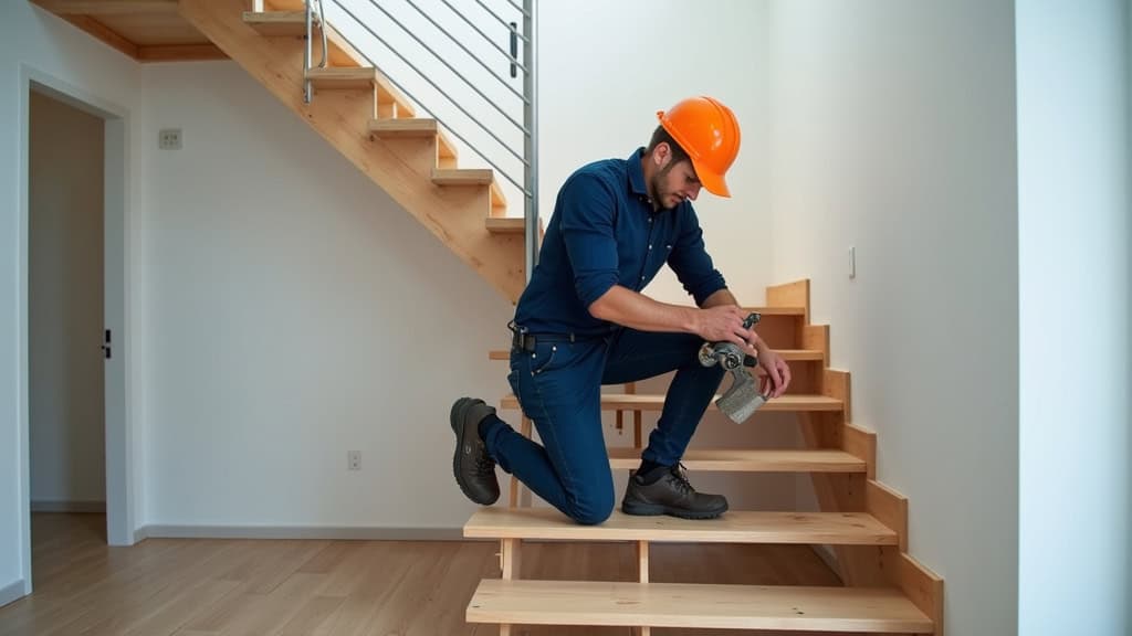 Technicien en train d’installer un monte-escalier à Lumio, montrant le professionnalisme du montage