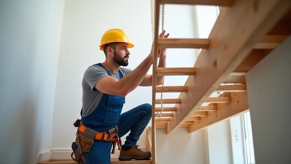 Technicien en train d’installer un monte-escalier à Mézières-sur-Couesnon