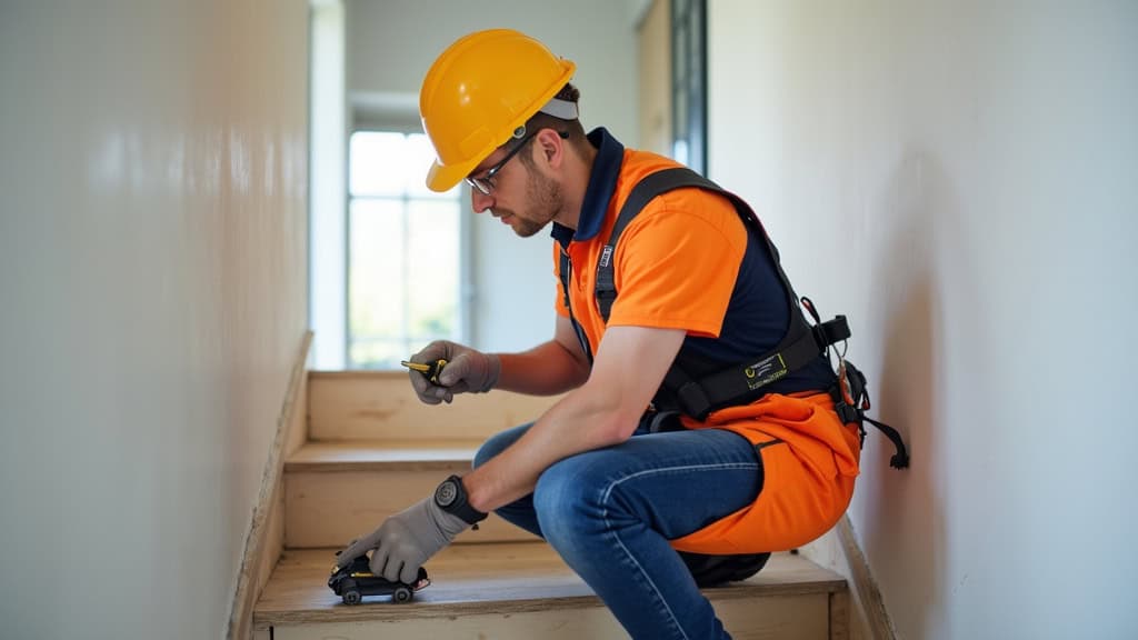 Technicien en train d’installer un monte-escalier à Mirebeau