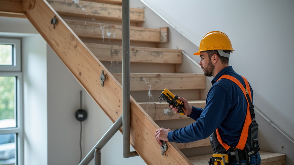 Technicien en train d’installer un monte-escalier à Nangis, outils à la main et rail en cours de fixation