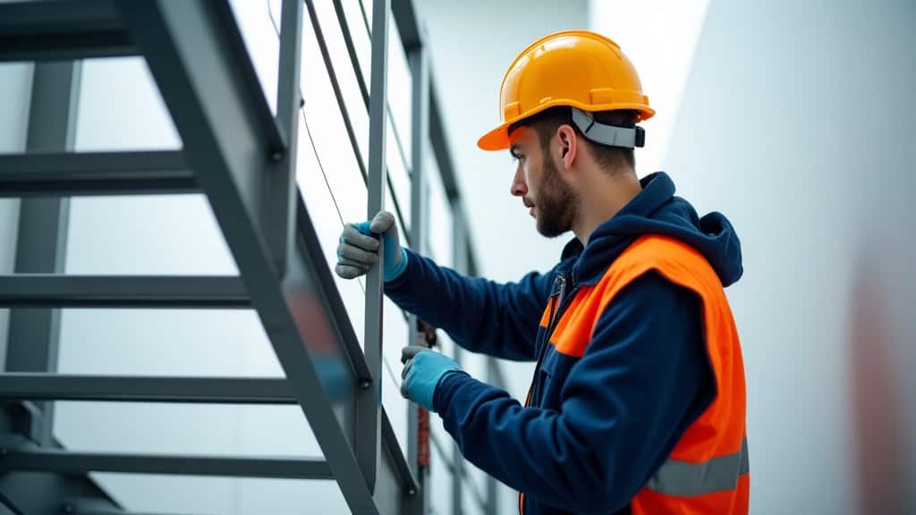 Technicien en train d’installer un monte-escalier à Saint-Cyr-sur-Menthon