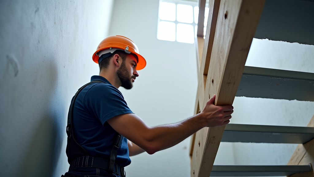 Technicien en train d’installer un monte-escalier à Saint-Galmier