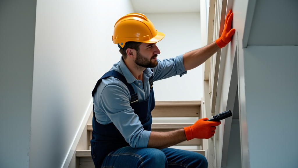Technicien en train d’installer un monte-escalier à Saint-Marcel-lès-Valence