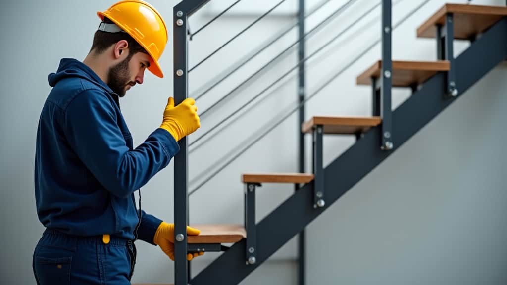 Technicien en train d’installer un monte-escalier à Saint-Perdon