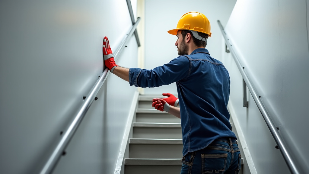 Technicien en train d’installer un monte-escalier à Sainte-Agathe-la-Bouteresse