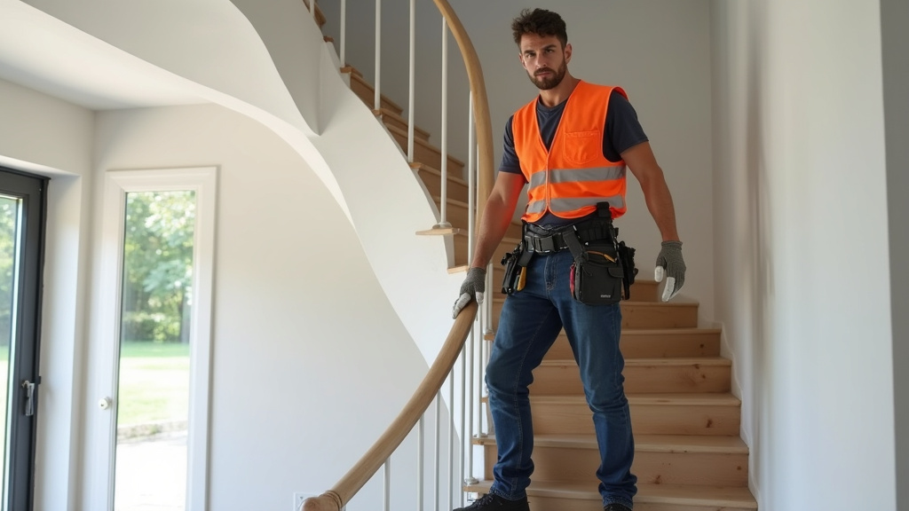 Technicien en train d’installer un monte-escalier courbe dans une maison à La Peyratte