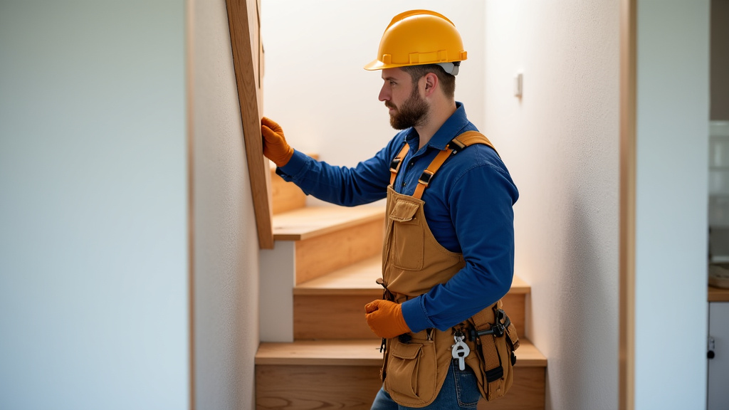 Technicien en train d’installer un monte-escalier courbe dans une maison à Millau, avec outils et rail sur mesure