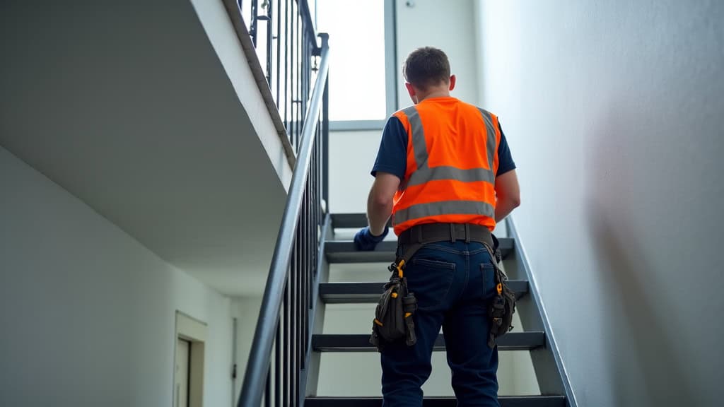 Technicien en train d’installer un monte-escalier dans un immeuble à Aubervilliers