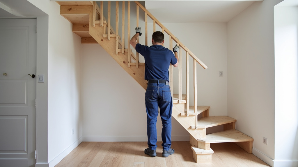 Technicien en train d’installer un monte escalier dans une maison à Audrieu